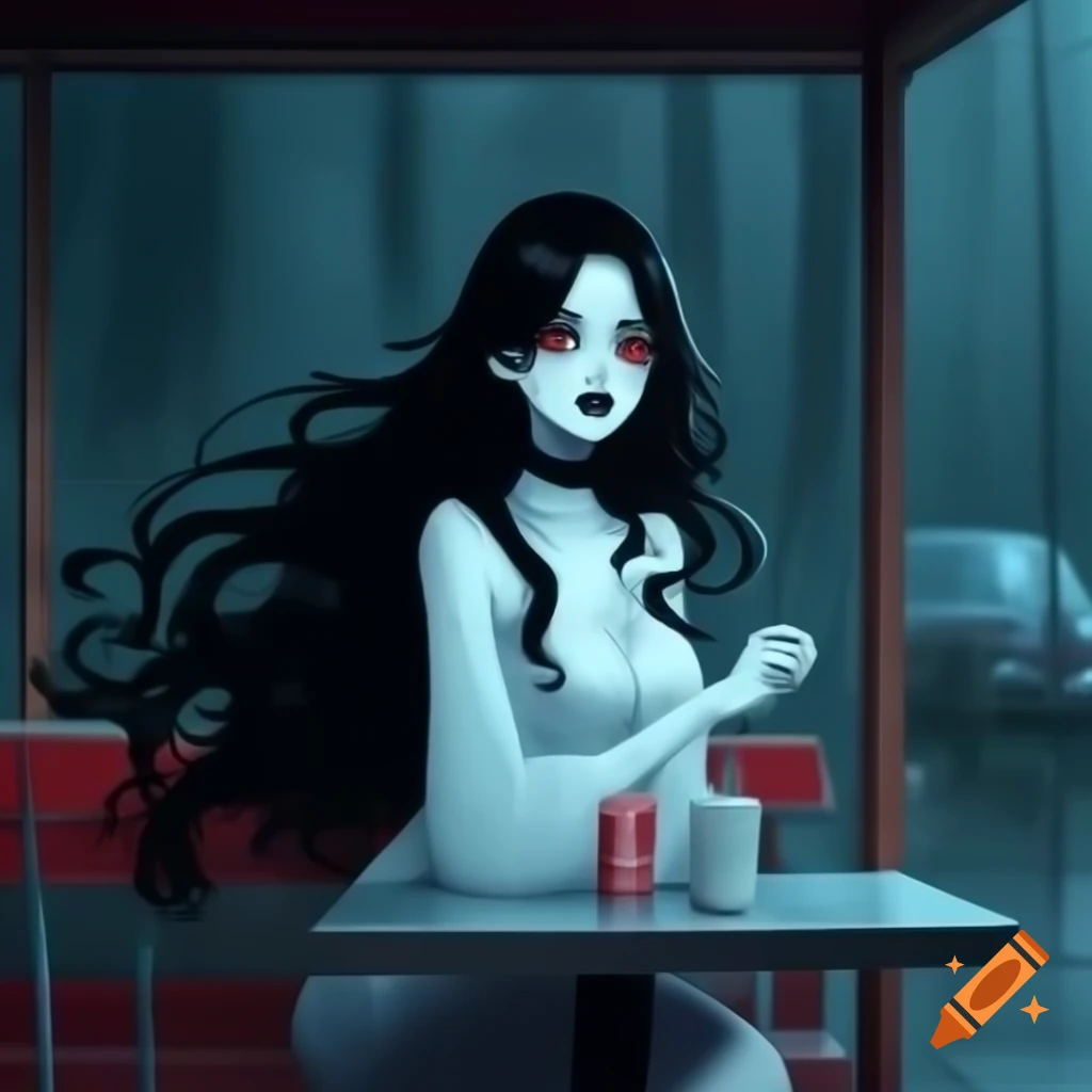 Goth anime ghost woman with black hair in white dress in rain near diner in forest