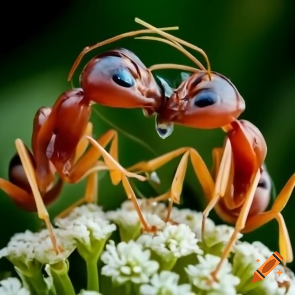 Ants dressed in 40s fashion kissing among flowers with diamonds and pearls
