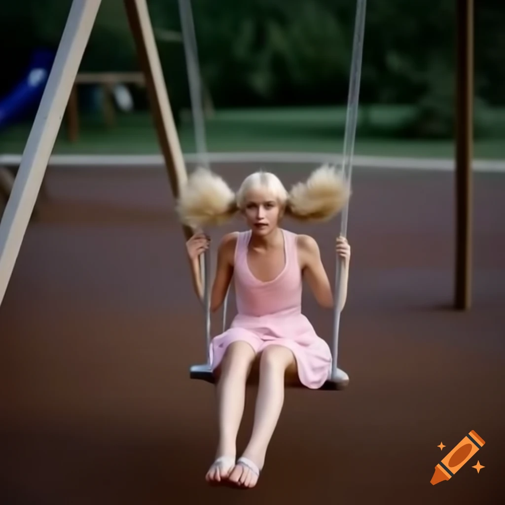 Woman with blonde pigtails swinging in playground in pink dress