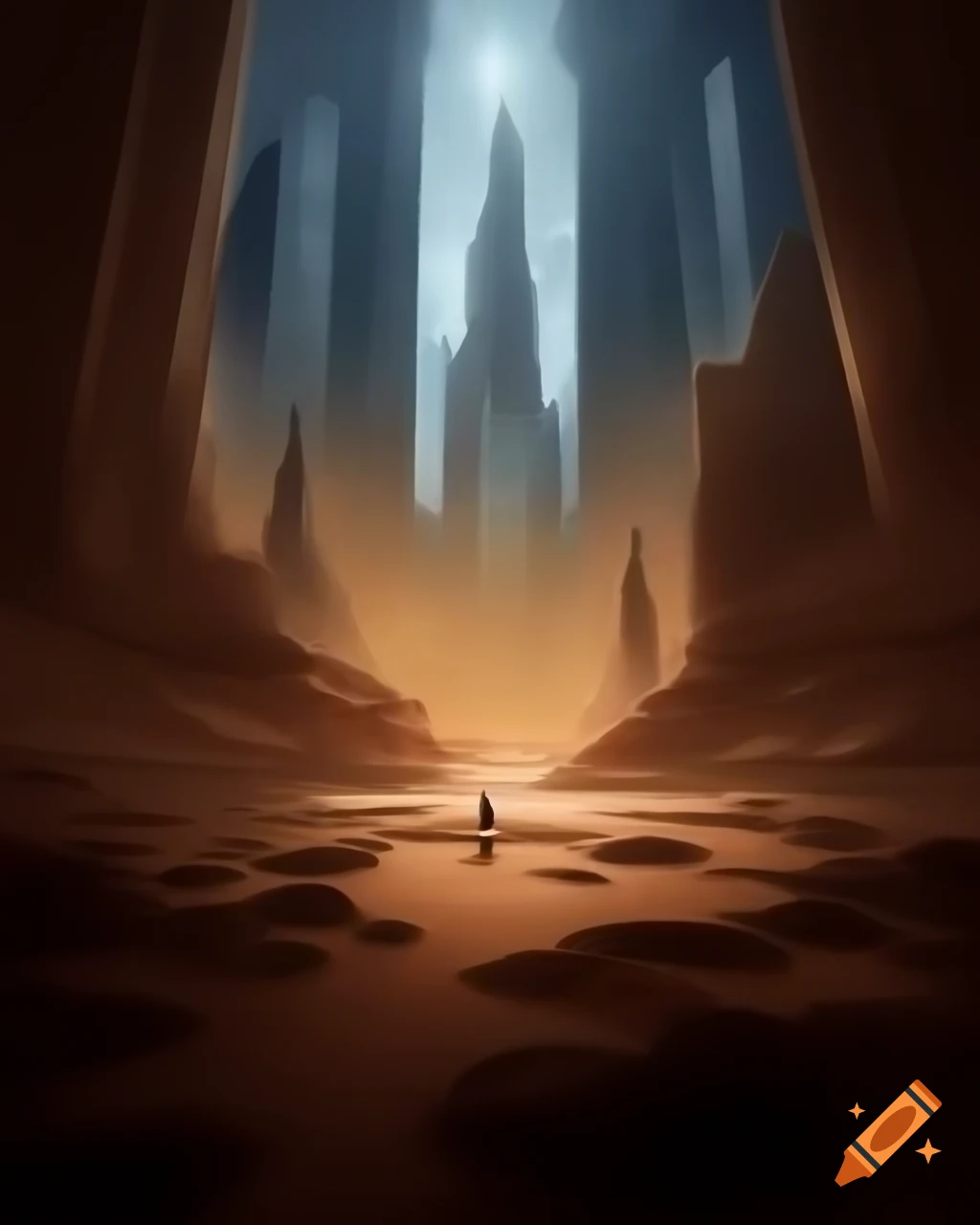 Art depicting a soulless shadow in desert dunes with futuristic skyscrapers