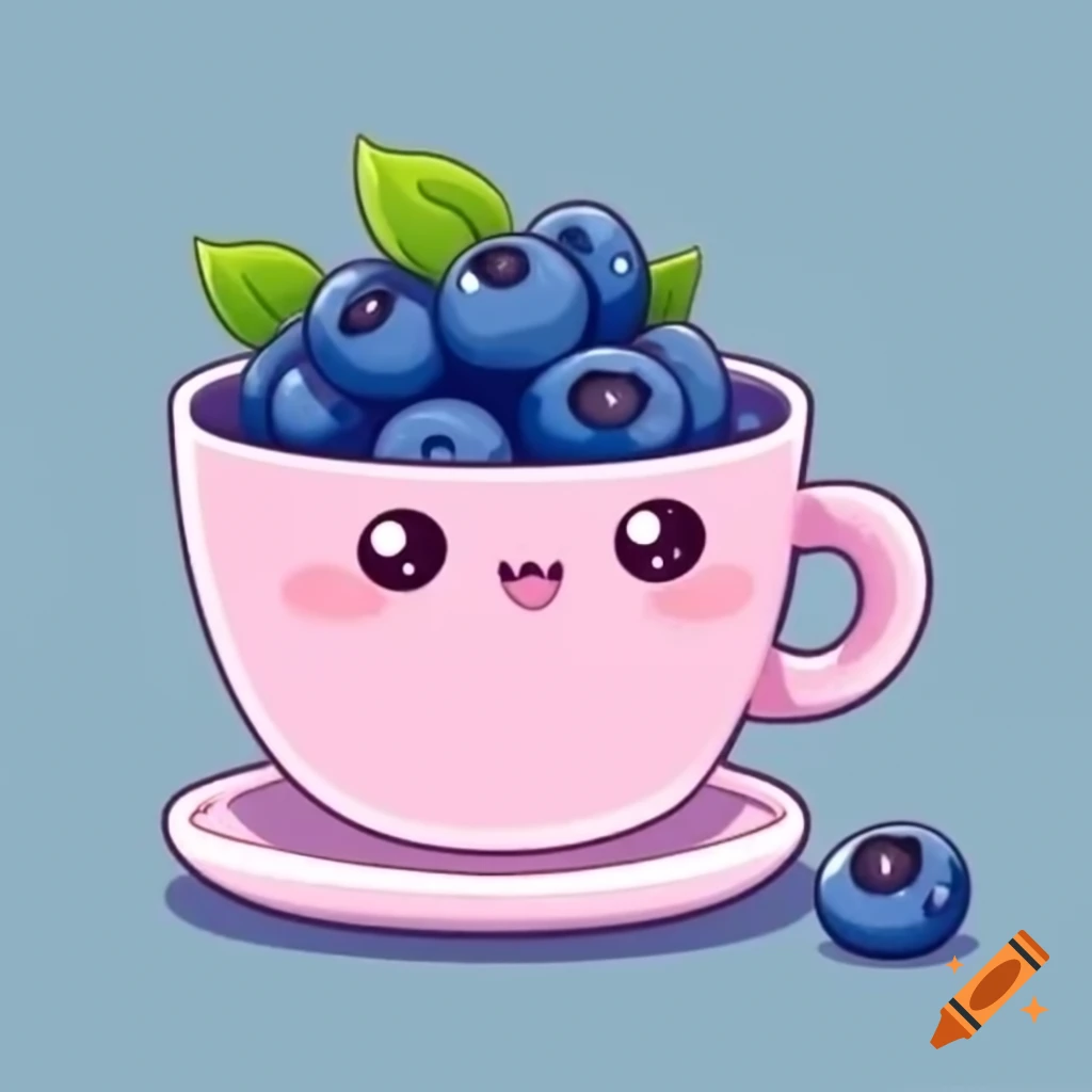 Cute blueberry character enjoying a cup of tea