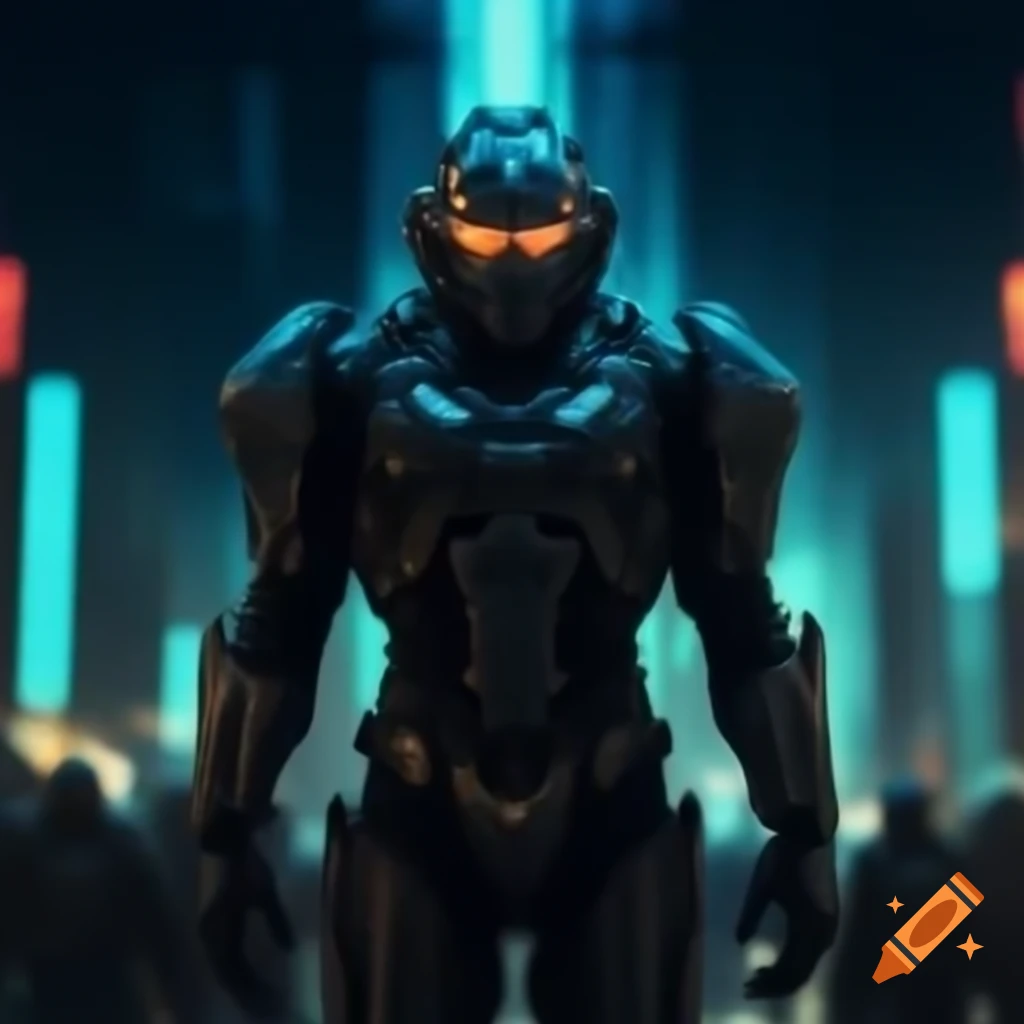 Cybernetic soldier in midnight armor silhouetted against iridescent city with neon lights