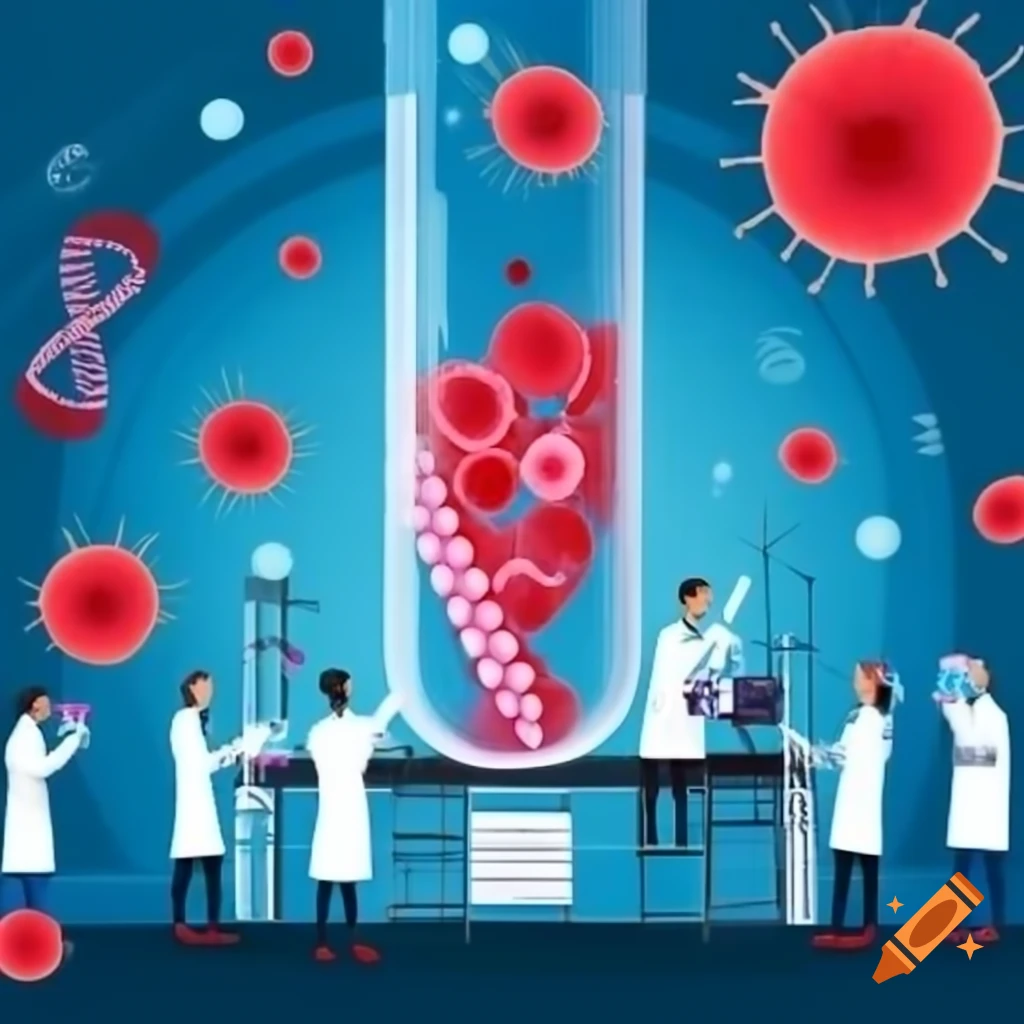 Researchers in laboratory with test tubes, DNA double helix, and floating neurons