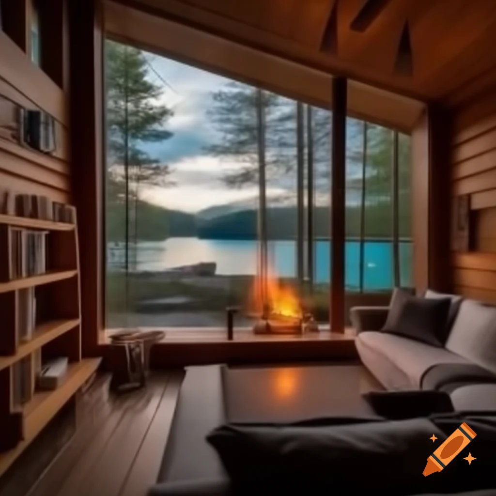 Cozy wooden cottage interior with lake view, fireplace, and warm lighting