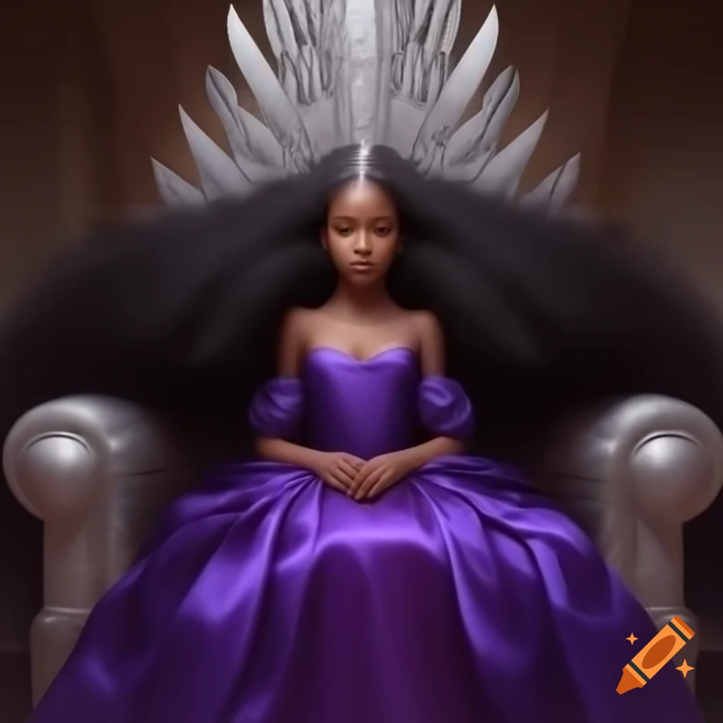 Young empress with black hair on silver throne in royal purple dress
