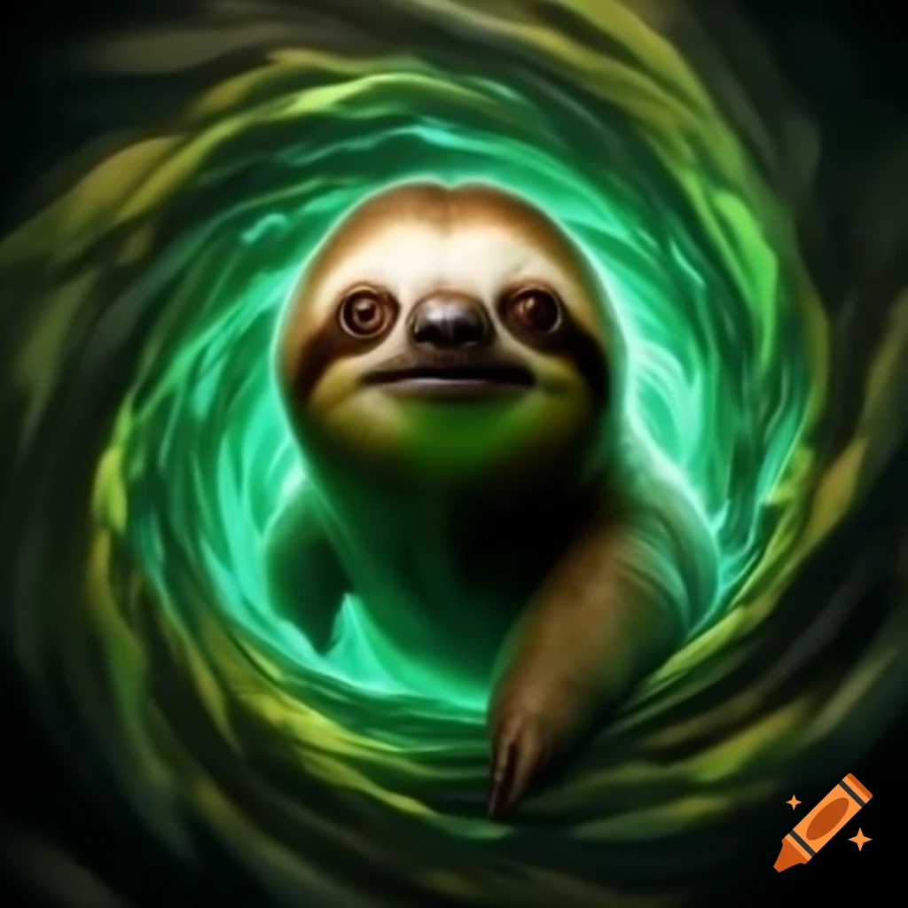 Sloth emerging from green vortex portal with expressive eyes