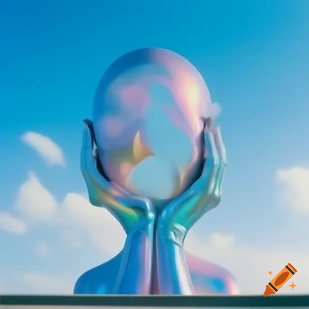 Iridescent statue against a bright sky in pop surreal photography style