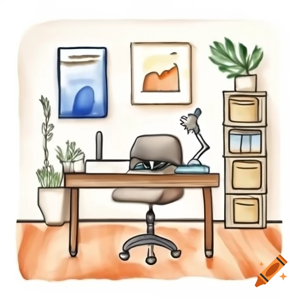 Simple watercolor drawing of an organized office space