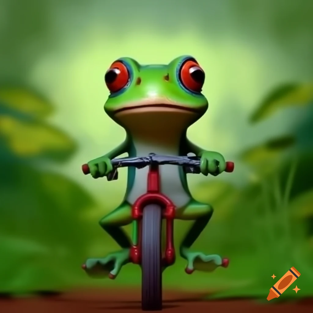 Front view of a frog riding a mountain bike on craiyon