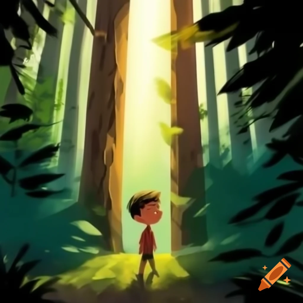 Boy with curious expression at forest edge with sunlight filtering through trees