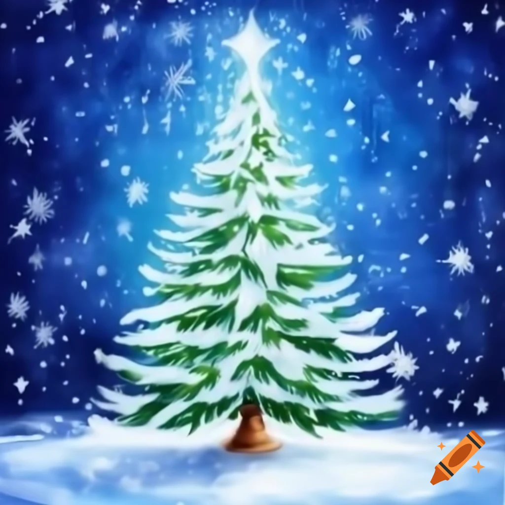Sparkling Christmas poinciana tree with snowflakes in watercolor storybook style