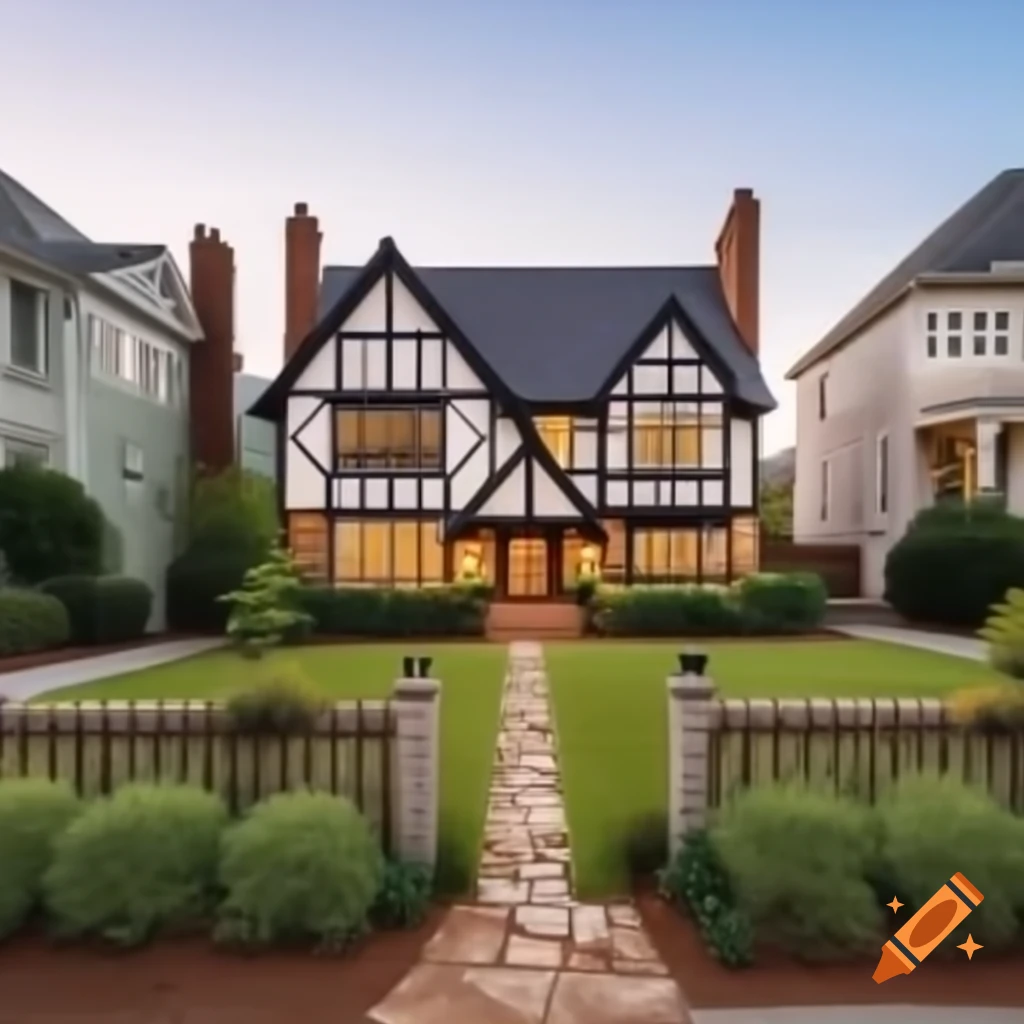 Tudor style house with garden and picket fence covered in morning glories