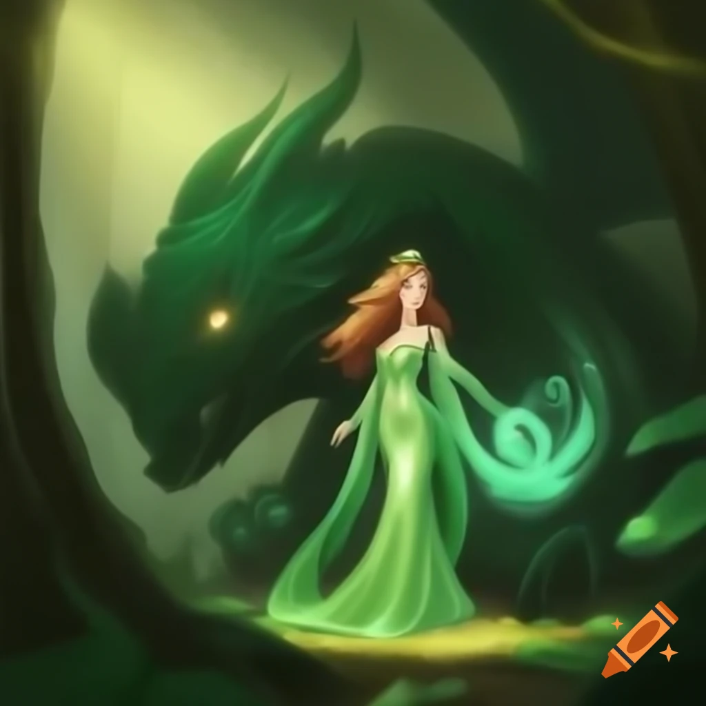 Princess in green gown next to emerald dragon in enchanted forest with glowing runes