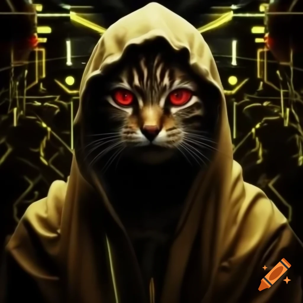 Cybernetic feline creature with gold circuitry and red eyes in neon alley