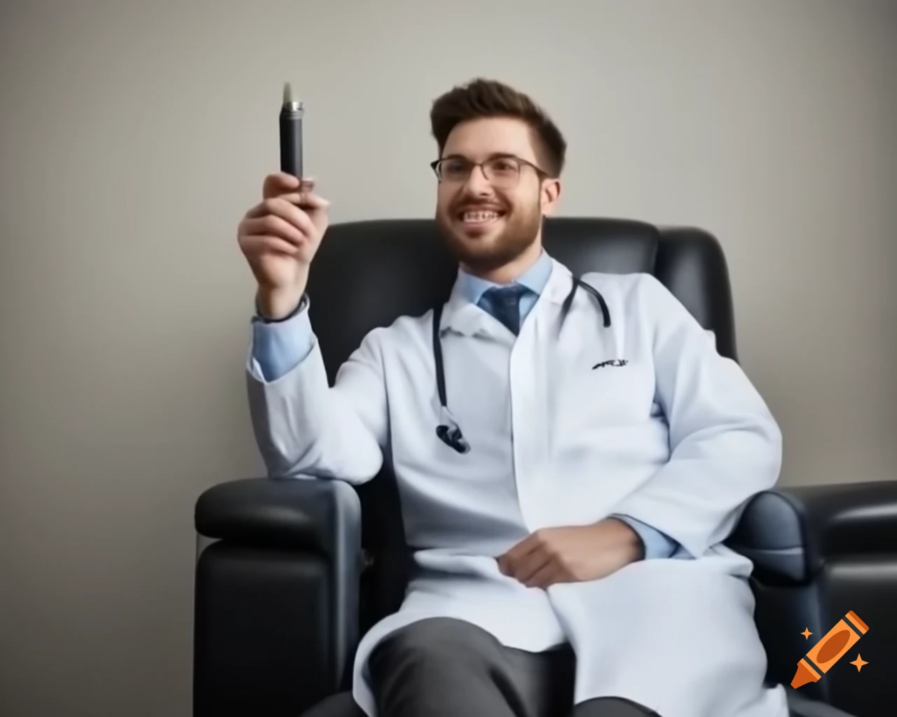 Young doctor happily using black pen received as gift