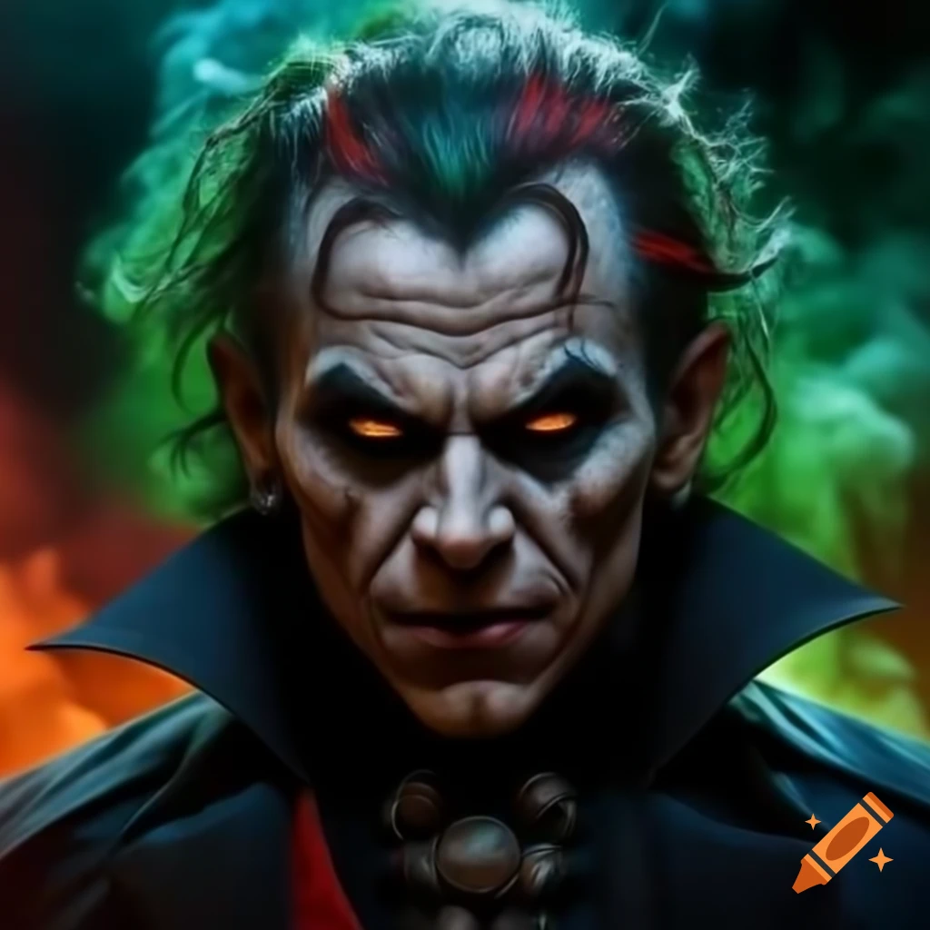 Psychedelic vampire with piercings and green smoke background, realistic style