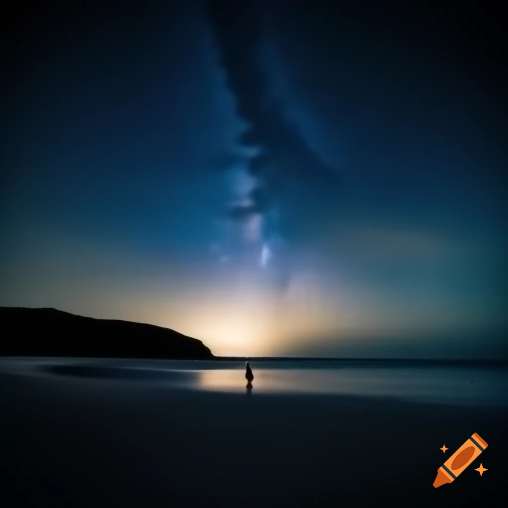 Silhouette gazing at starry night from serene sandy beach