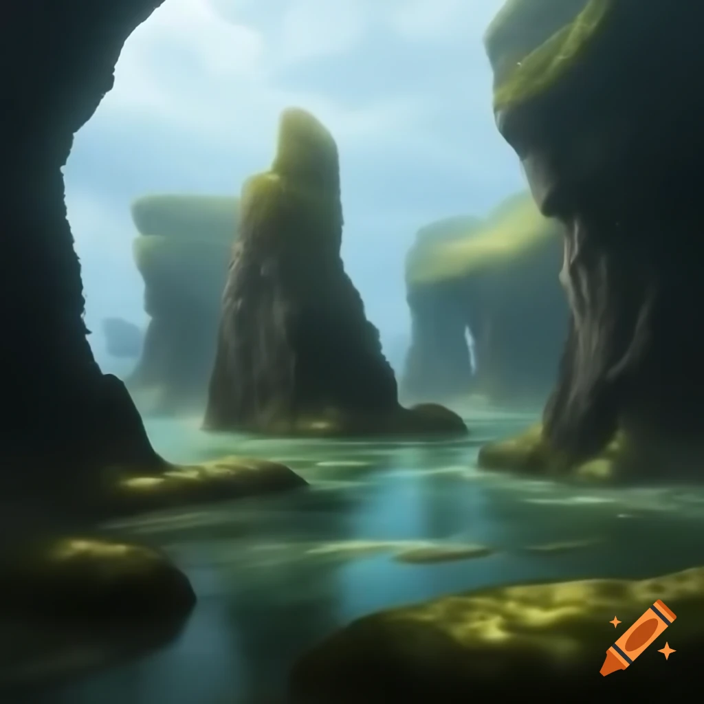 Realistic waterpixel with stone rock formations and vascular plants