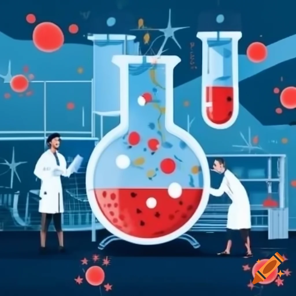 Researchers in laboratory with test tubes, DNA double helix, and floating neurons