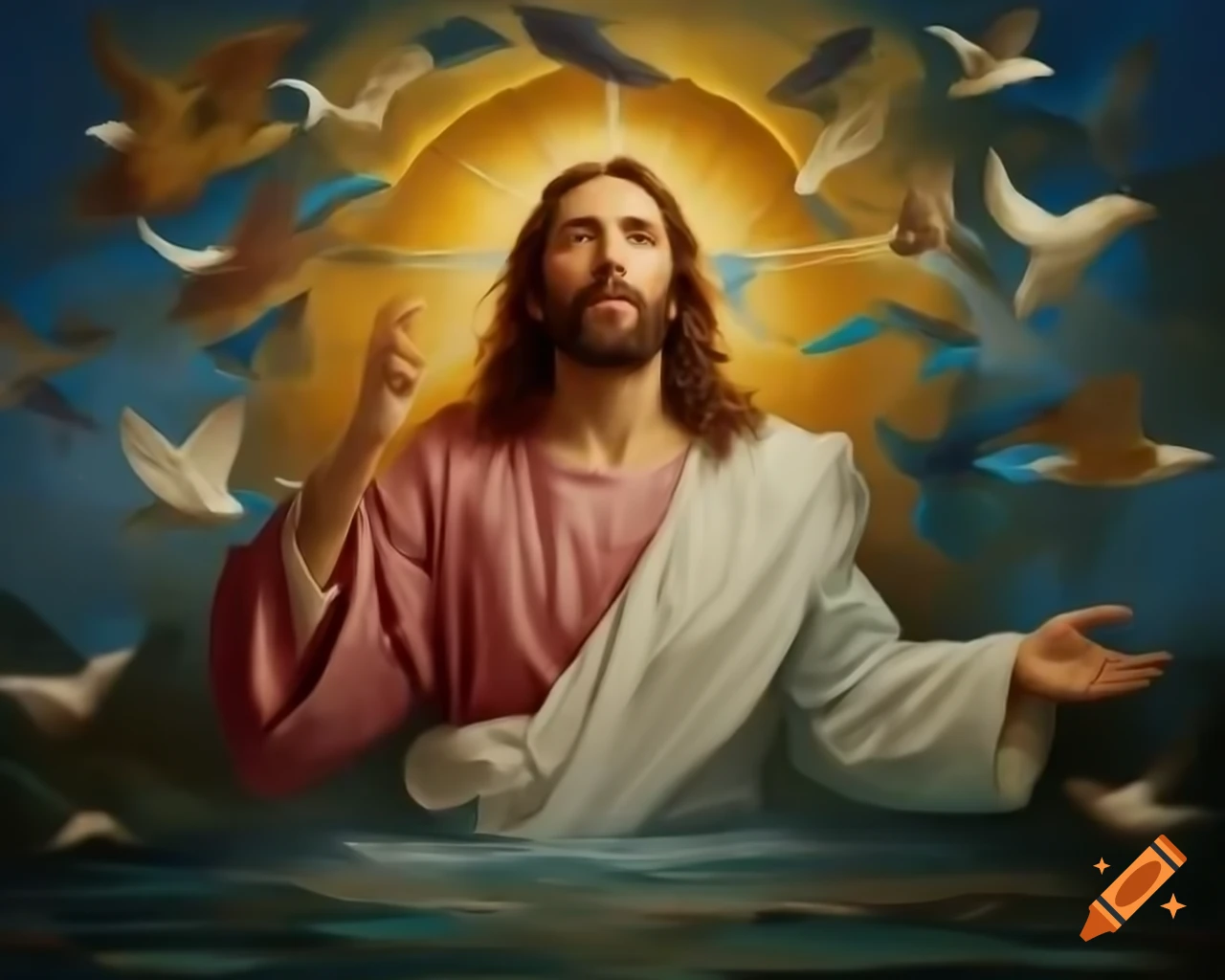 Mosaic depicting Jesus surrounded by birds and water in figurative style