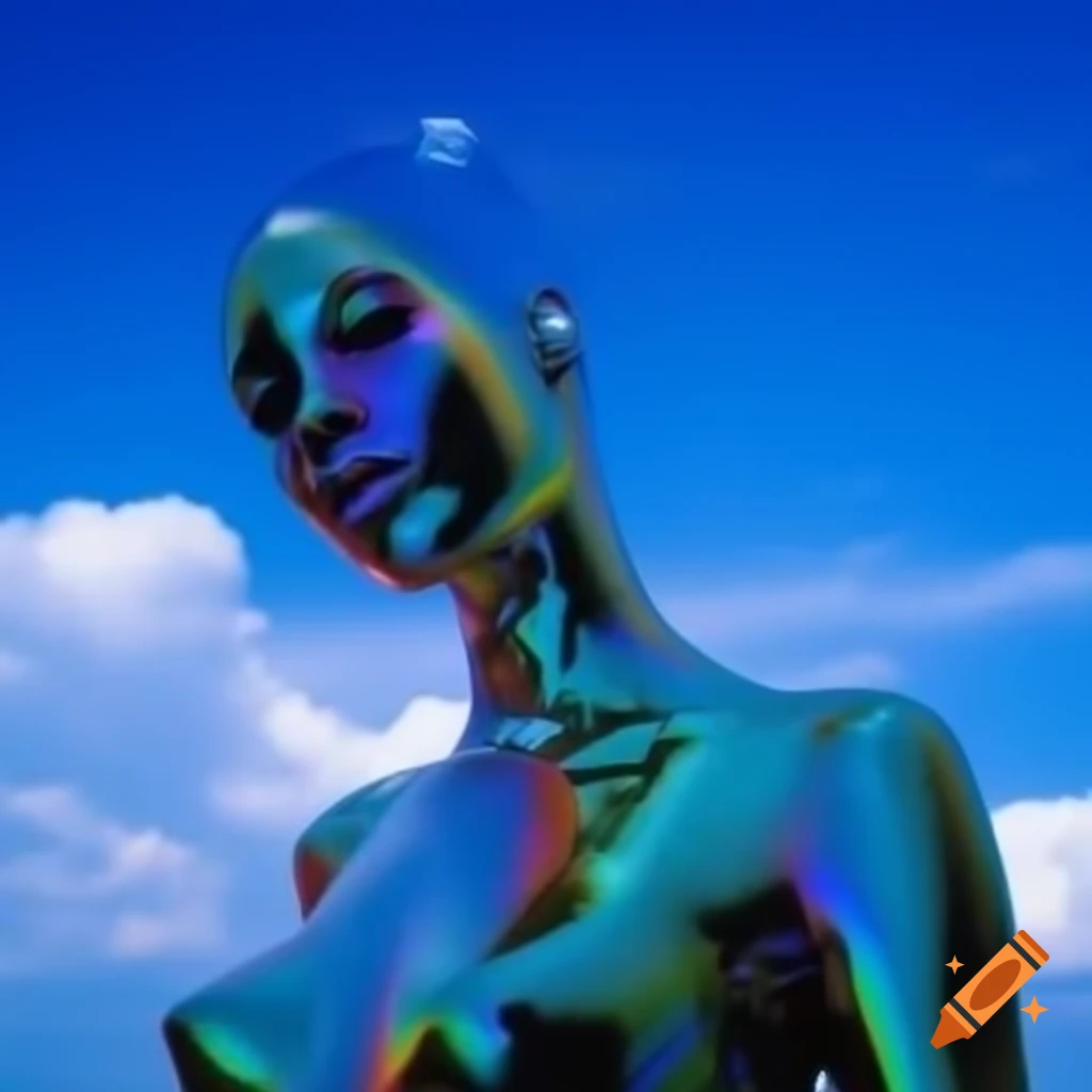 Iridescent statue against bright sky, pop surrealism style