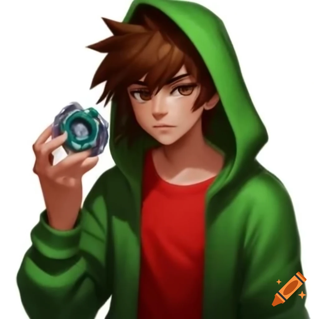 Man in green hoodie and red top holding a beyblade, realistic art style