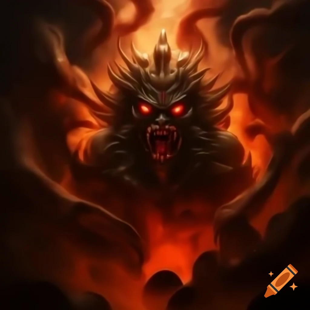 Sinister masculine deity with glowing orange features and red eyes emerging from a red mist vortex