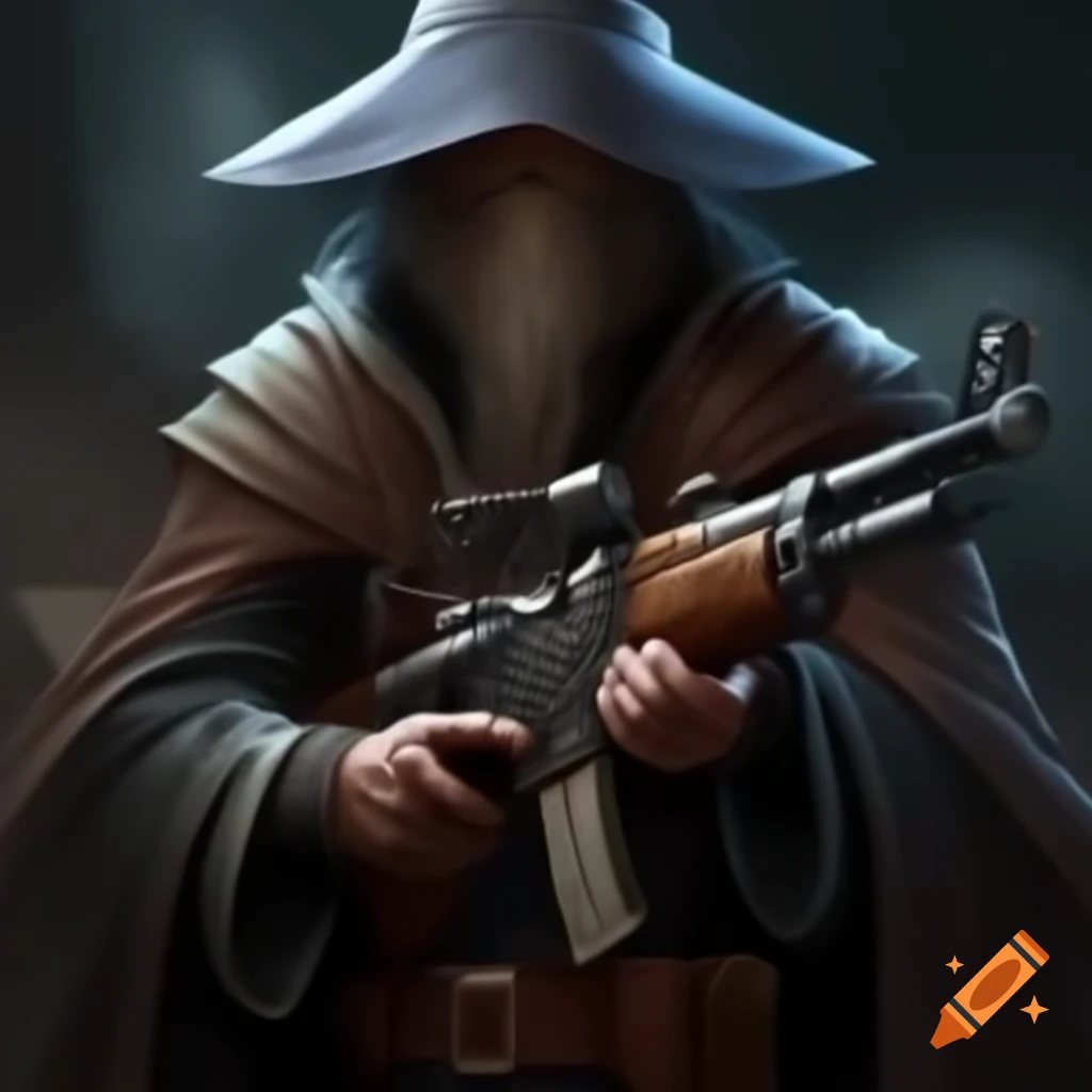 Wizard in modern combat uniform with firearm