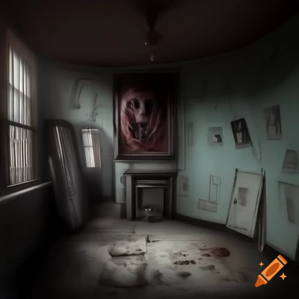 Scary room with demonic drawings and depictions on walls