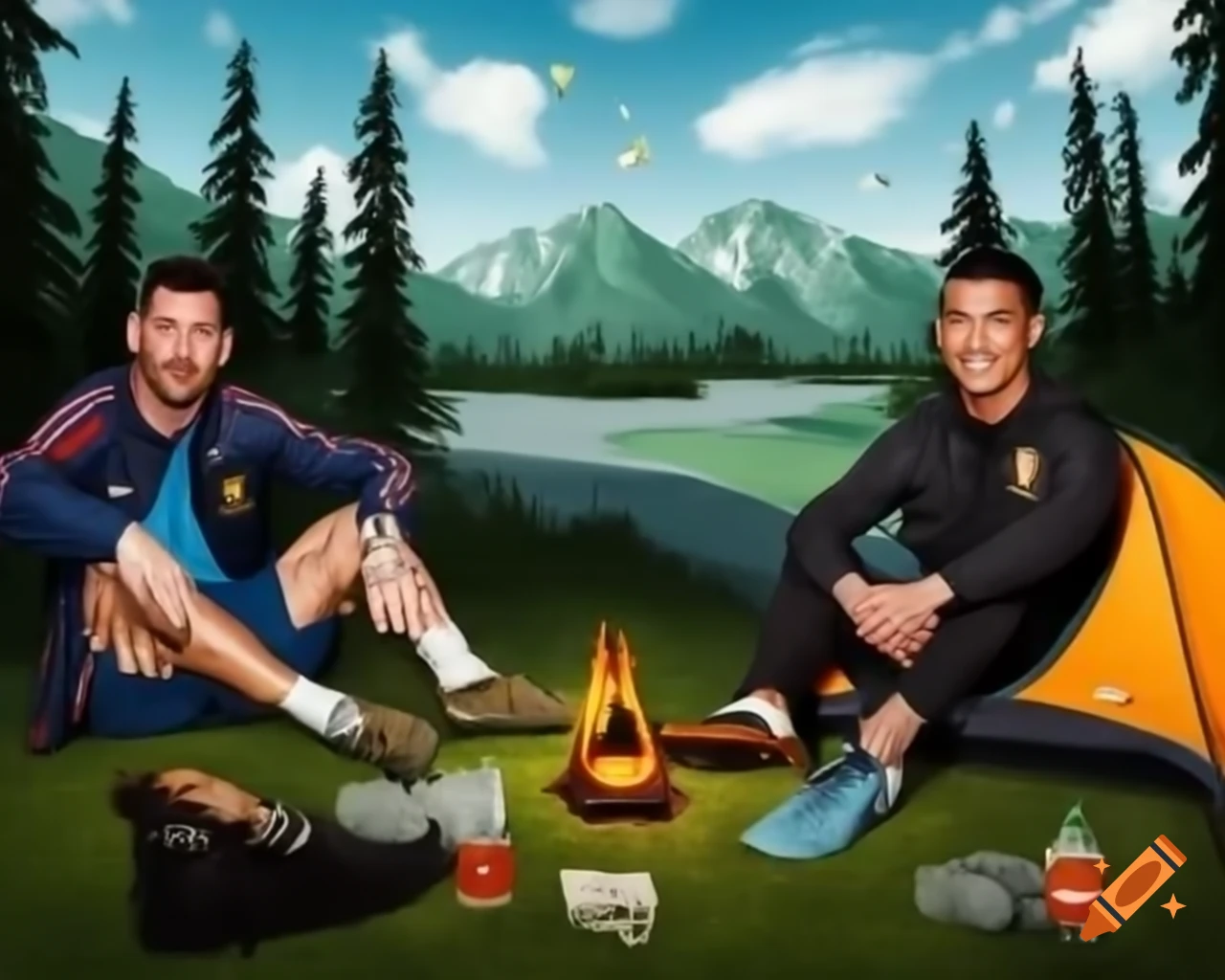 Lionel Messi and Cristiano Ronaldo camping in scenic forest, Messi setting up tent