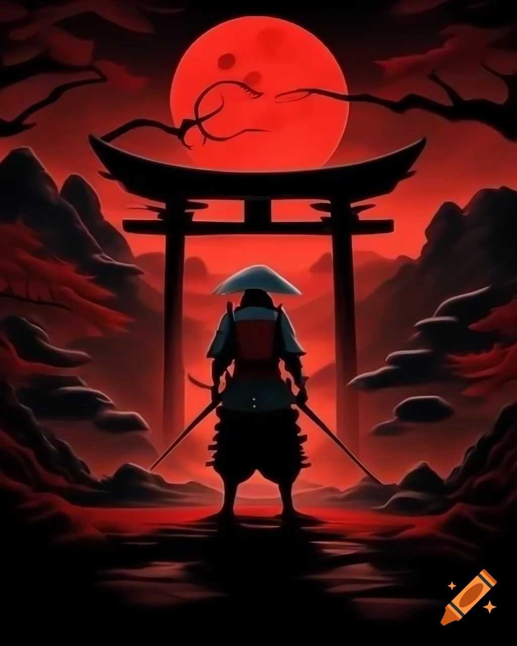 Samurai in dark fantasy landscape under red moon near temple