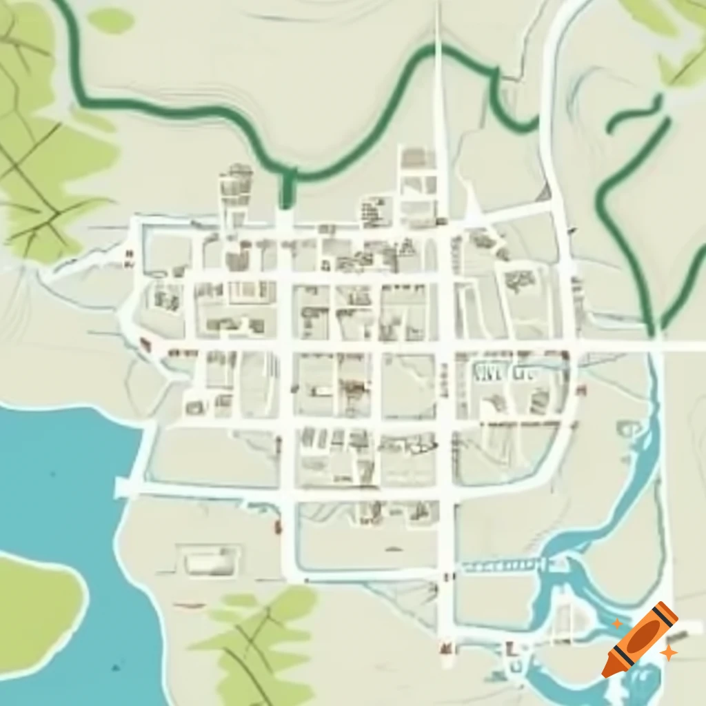 Map of small American town with lake and surrounding forest