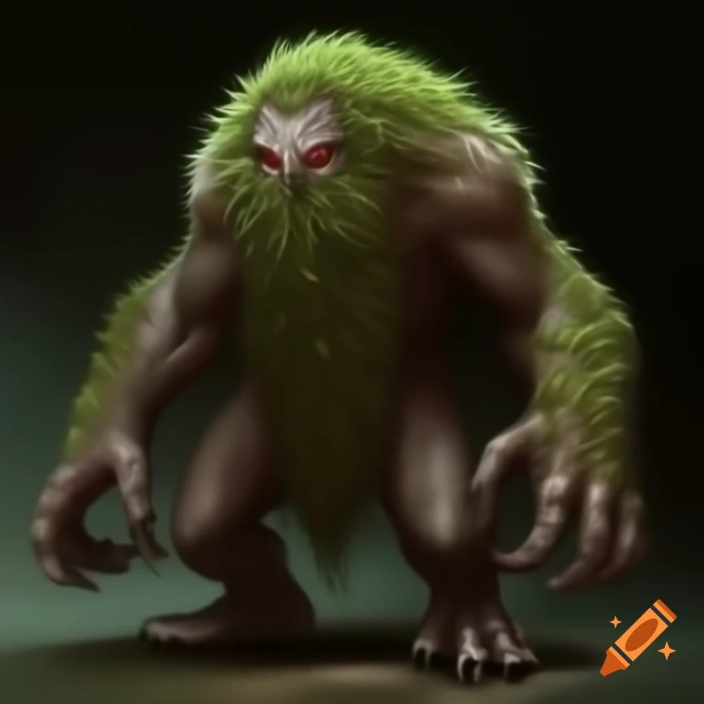 Humanoid creature blending man and nature with mossy hair and glowing green eyes