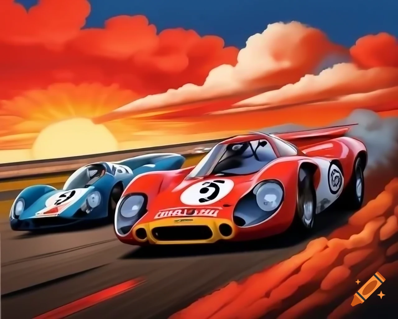 Vintage Indy Grand Prix Porsche 917 and Ford GT40 racing with red dust clouds in ultra wide angle
