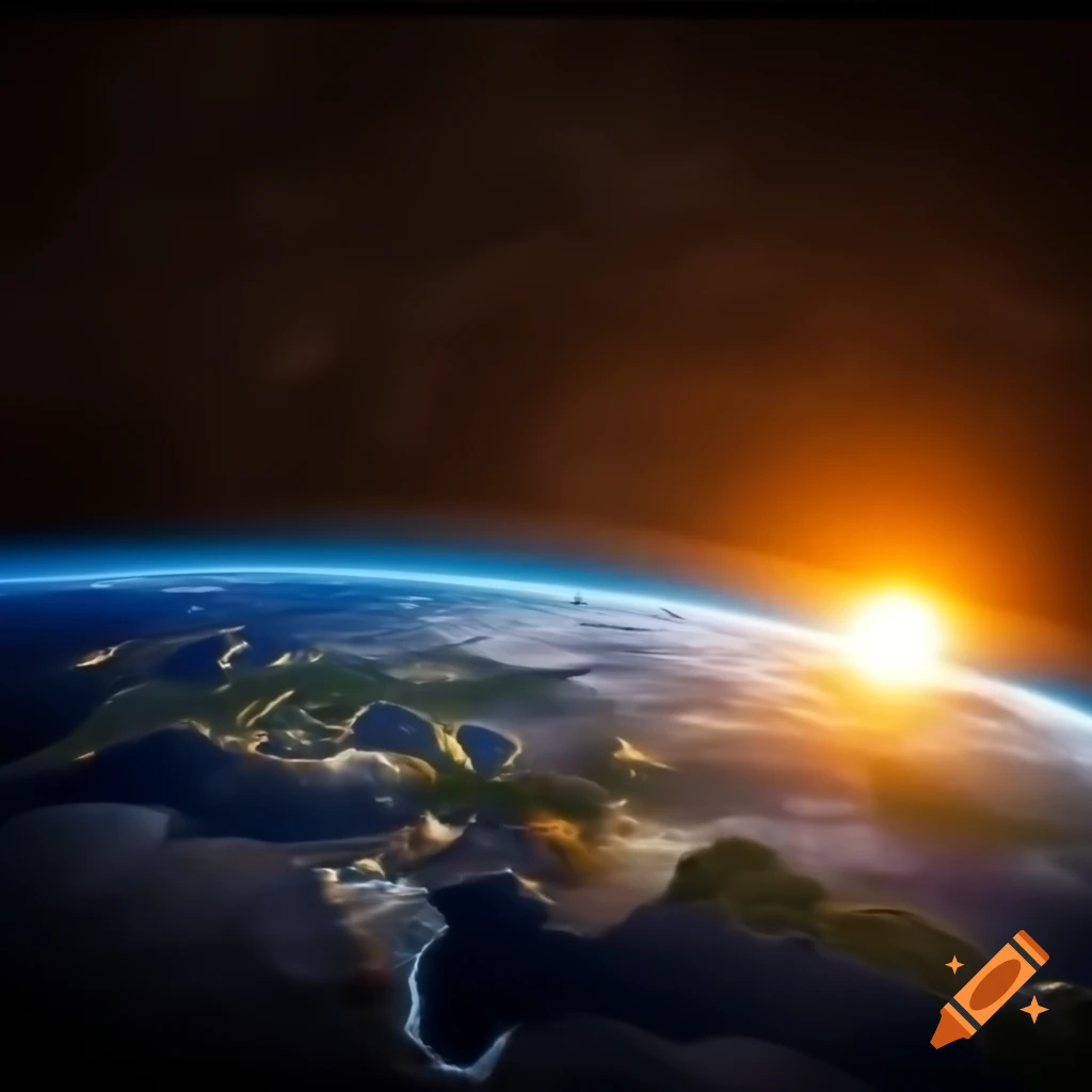 3D render of Earth at night with sunrise over Middle East illuminating clouds and landscape