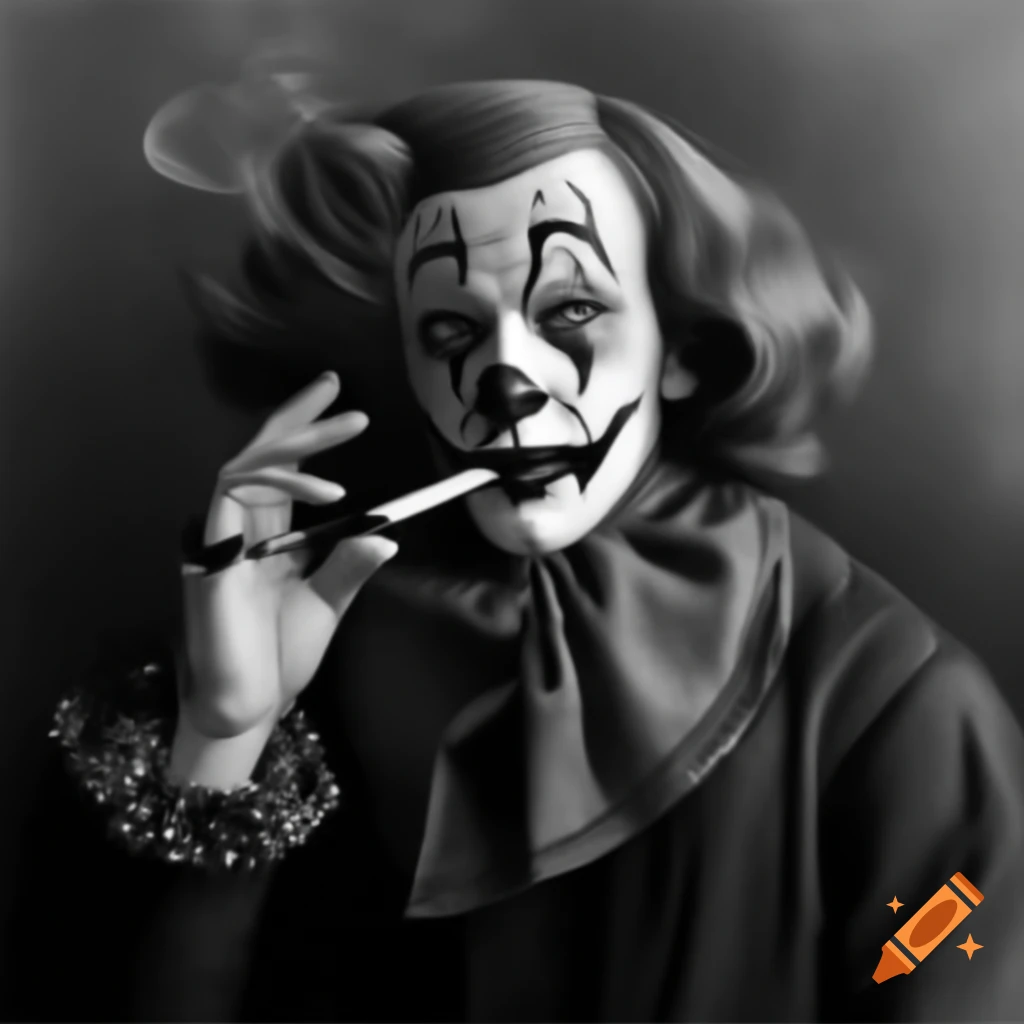 Charcoal portrait of clown with cigar in Sargent style, wearing curly wig and vintage suit