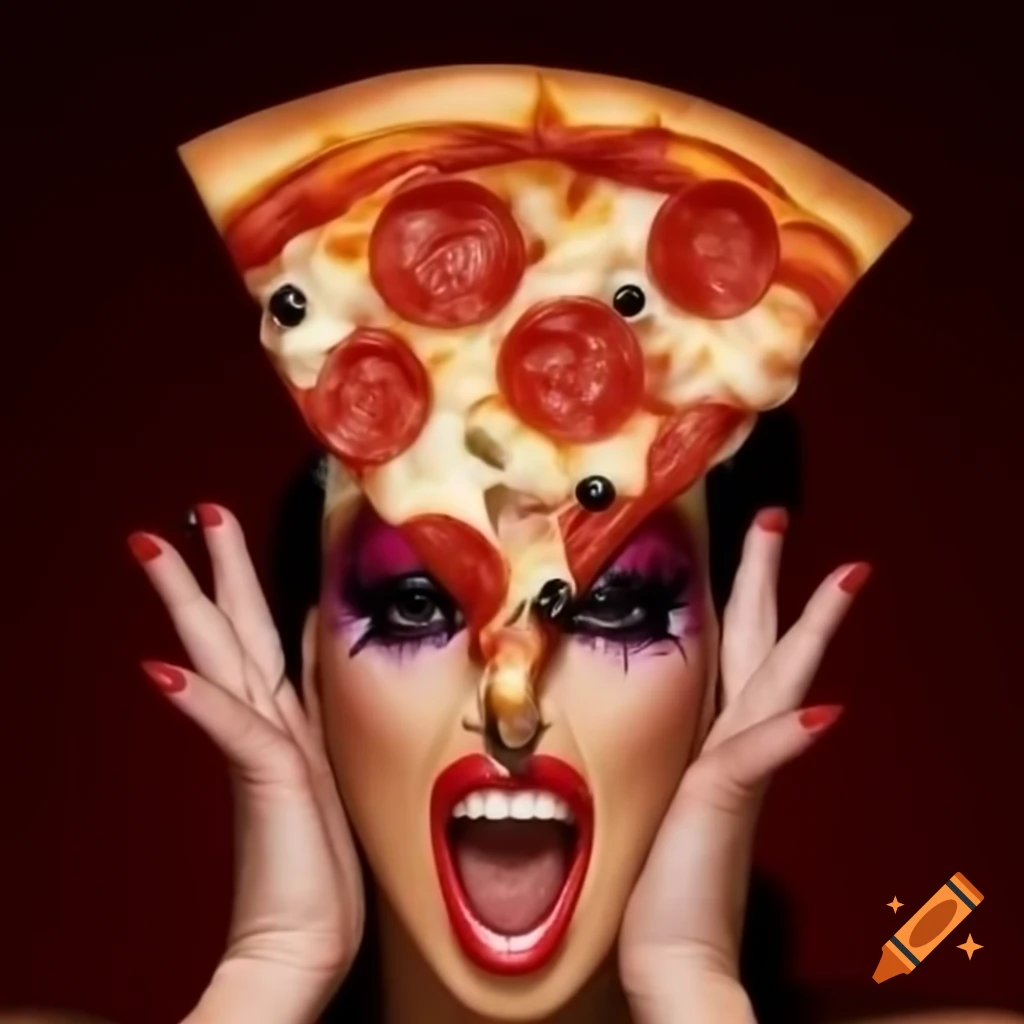 Drag queen with pizza costume headpiece