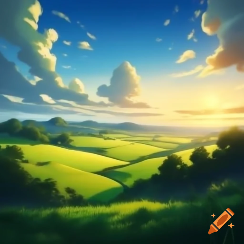 Sunlit green hilly valleys with fields and blue sky