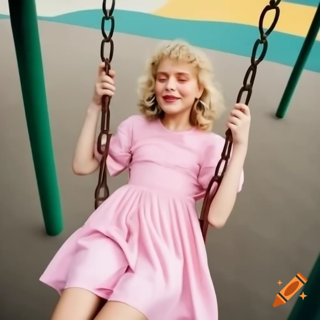 Woman in pink dress swinging on playground, embodying youthful exuberance