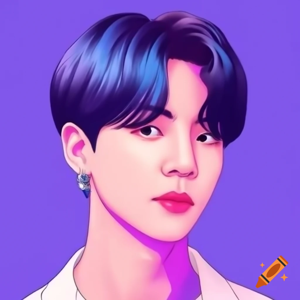 Bts Characters Illustrated In Anime Style With Purple Background On Craiyon