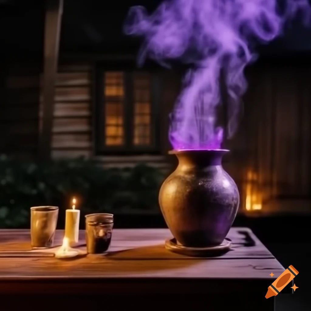 Photorealistic alchemy pot with purple steaming juice on wooden table beside candle lights