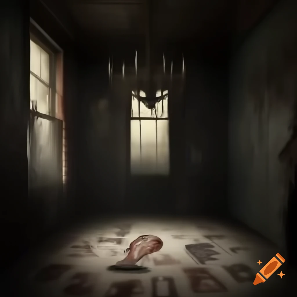 Scary house room with demonic drawings on walls