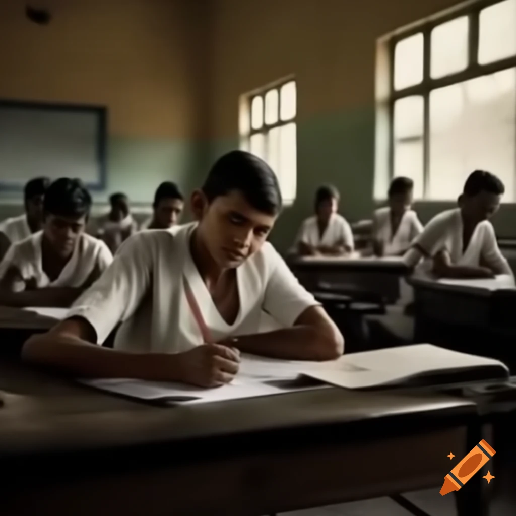 Young Gandhi looking determined at his paper in classroom scene