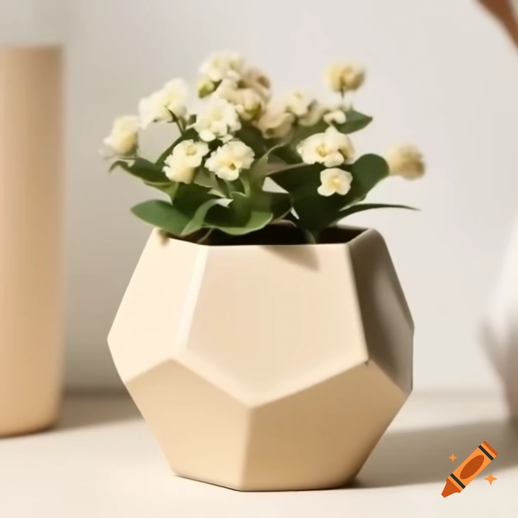 Beige ceramic flower pot in hexagonal prism shape with flowers