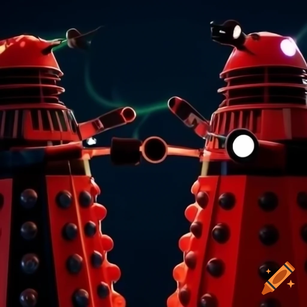 Wizards in red-and-white garb casting plasma spells at daleks in a high-definition battle