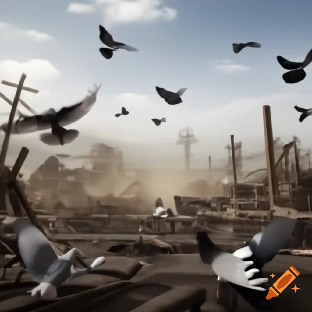 Pigeons flying over a devastated Colombian landscape, symbolizing peace and destruction