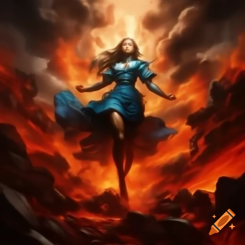 Powerful figure in blue and black walking through fields of lava, leaving a radiant wake