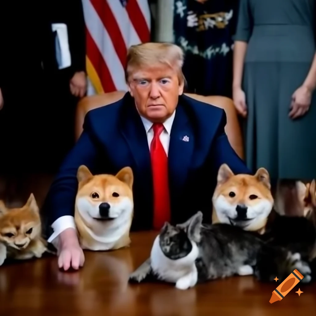 Political satire scene of Donald Trump saving Doge and cats with American flag