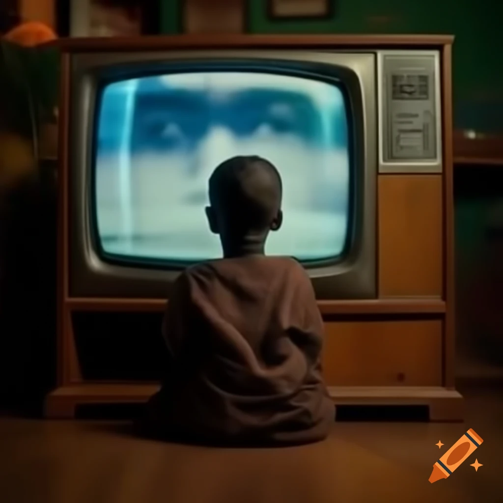 Beautiful portrait of an African child sitting in front of a television
