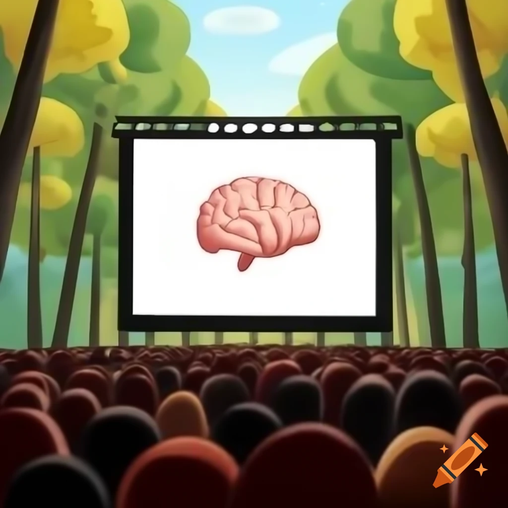 Cartoon audience watching movie screen featuring a thinking brain in a forest